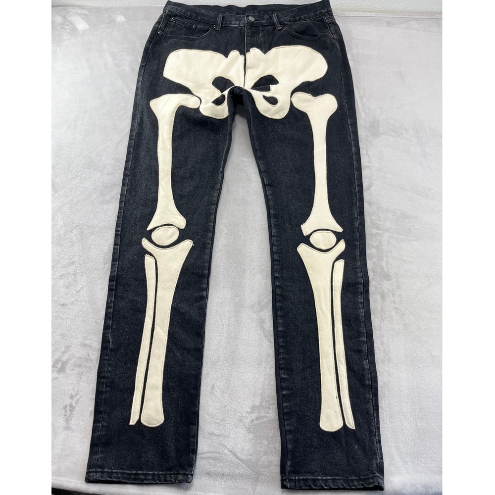 MNML Skeleton Patch Jeans Mens 38 Black Bone Applique Streetwear Button FlyHeavy